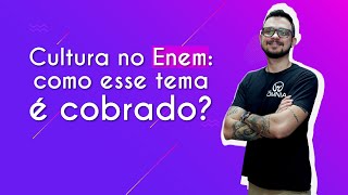 Professor ao lado do escrito "Cultura no Enem: como esse tema é cobrado?" em fundo roxo.