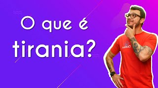 "O que é tirania?" escrito sobre fundo roxo ao lado da imagem do professor