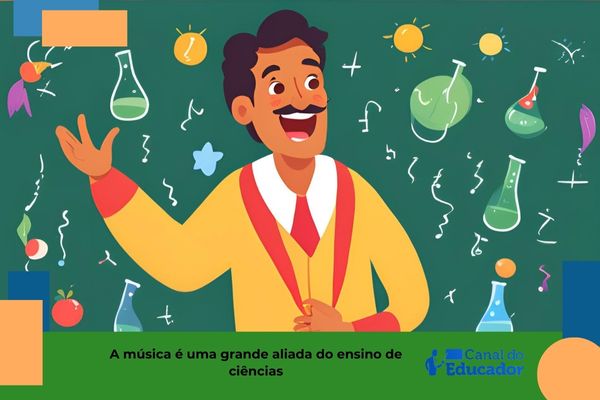 Professor de desenho cantando. Texto na imagem: A música é uma grande aliada do ensino de ciências